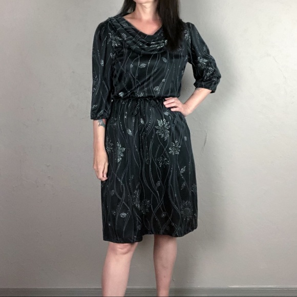 Vintage 1960s Black and Silver Cowl Neck Dress - Picture 3 of 9